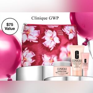 NWT CLINIQUE 4 piece set, Pink and Red Striped Cosmetic Bag with Skincare